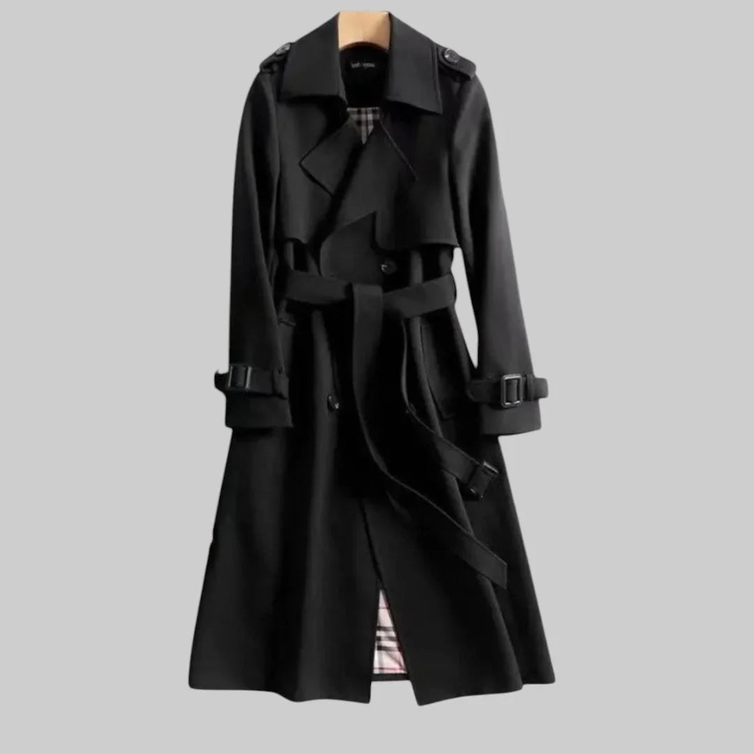 Women's beige double-breasted trench coat with belted waist and plaid lining