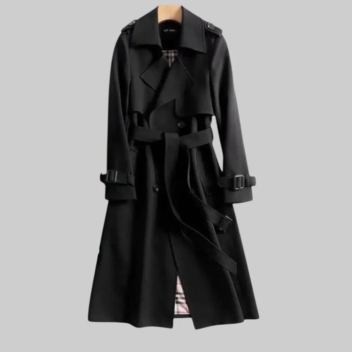 Women's beige double-breasted trench coat with belted waist and plaid lining