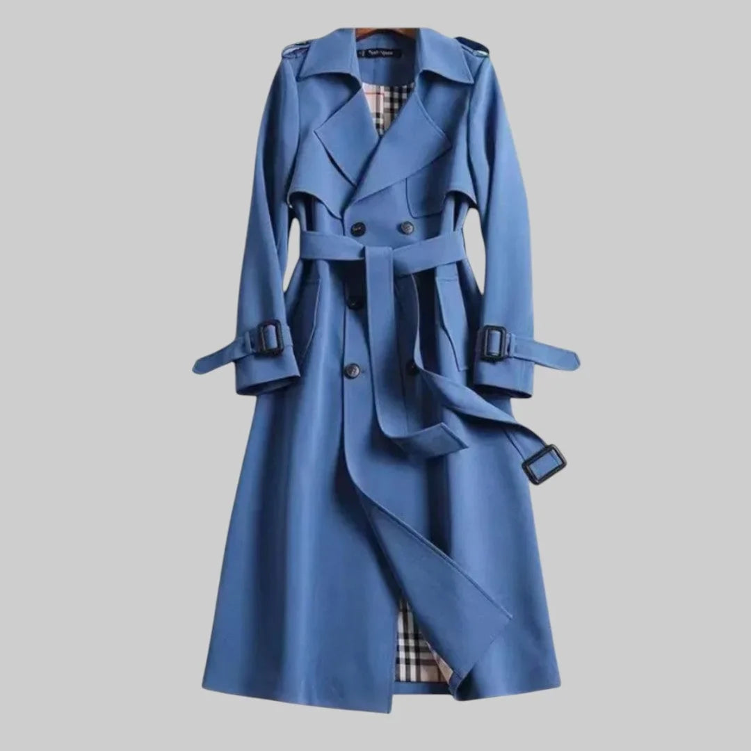 Women's beige double-breasted trench coat with belted waist and plaid lining