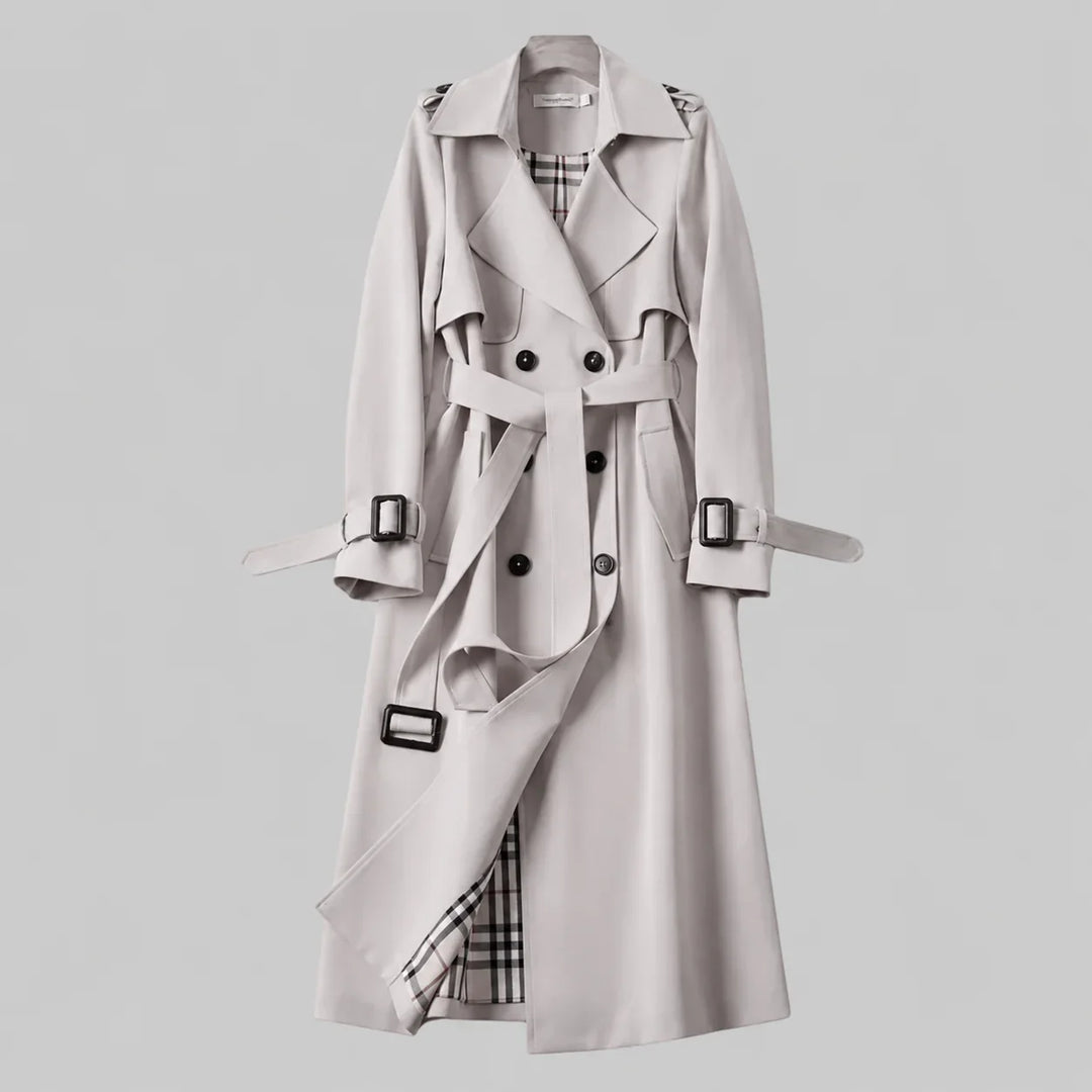 Women's beige double-breasted trench coat with belted waist and plaid lining