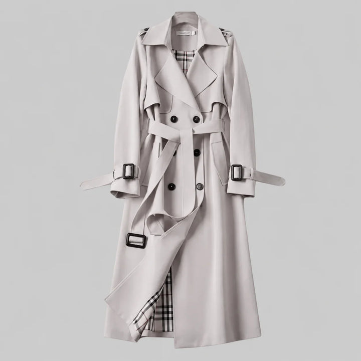 Women's beige double-breasted trench coat with belted waist and plaid lining