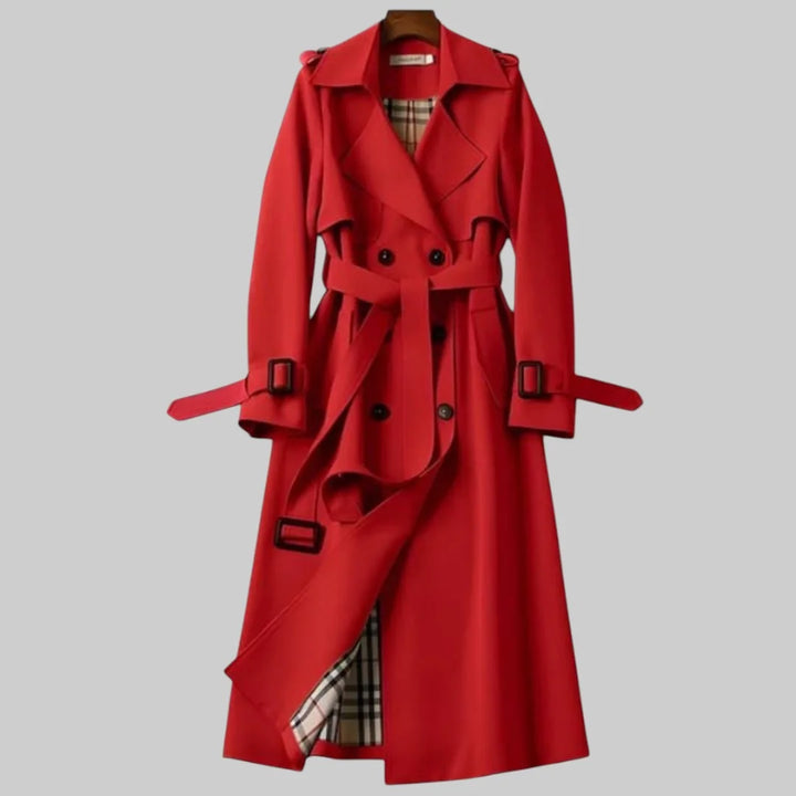 Women's beige double-breasted trench coat with belted waist and plaid lining