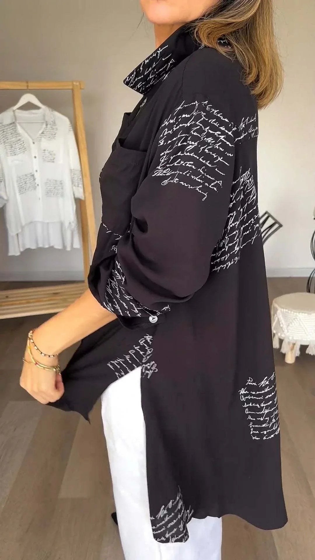 Women's black handwritten script print oversized shirt with button-up long sleeve
