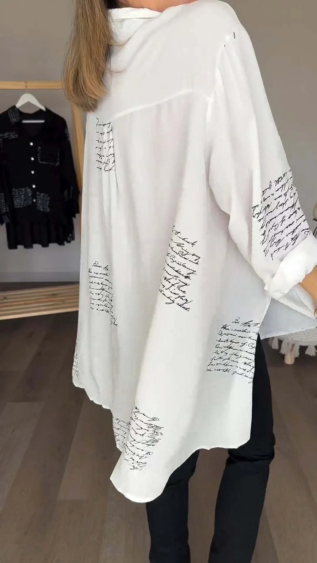 Women's black handwritten script print oversized shirt with button-up long sleeve
