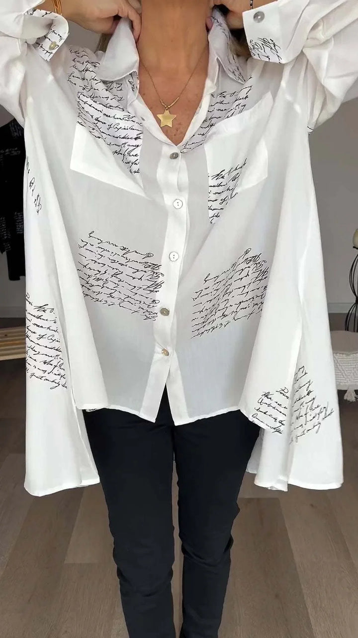 Women's black handwritten script print oversized shirt with button-up long sleeve
