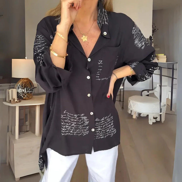 Women's black handwritten script print oversized shirt with button-up long sleeve