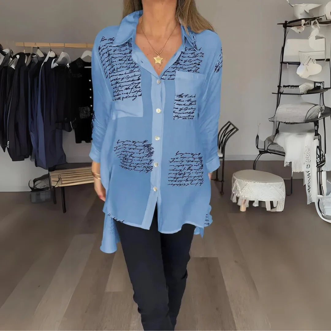 Women's black handwritten script print oversized shirt with button-up long sleeve
