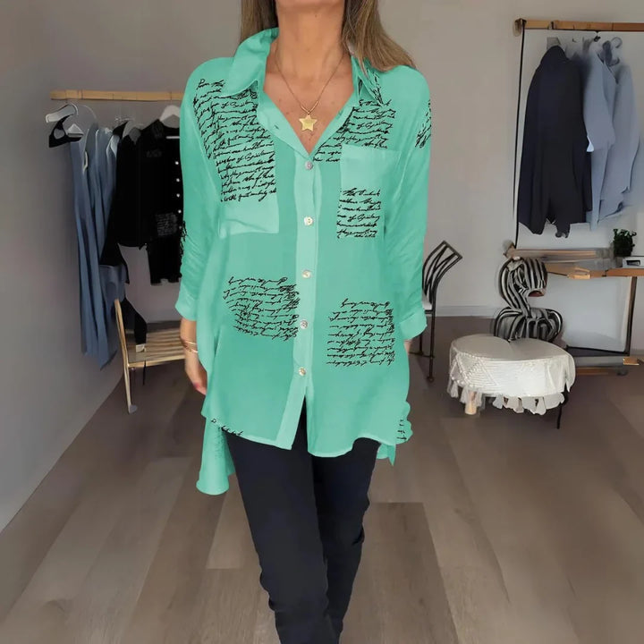 Women's black handwritten script print oversized shirt with button-up long sleeve