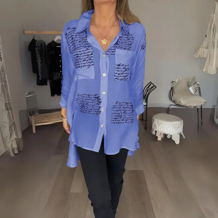 Women's black handwritten script print oversized shirt with button-up long sleeve
