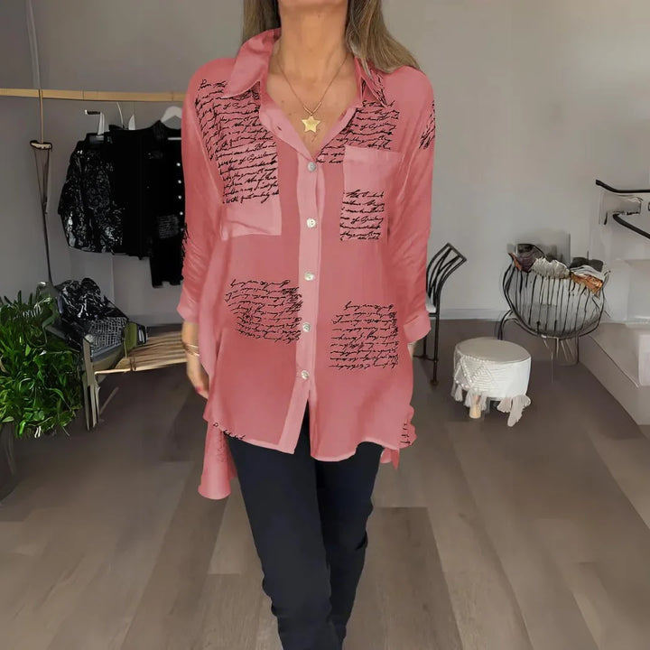 Women's black handwritten script print oversized shirt with button-up long sleeve