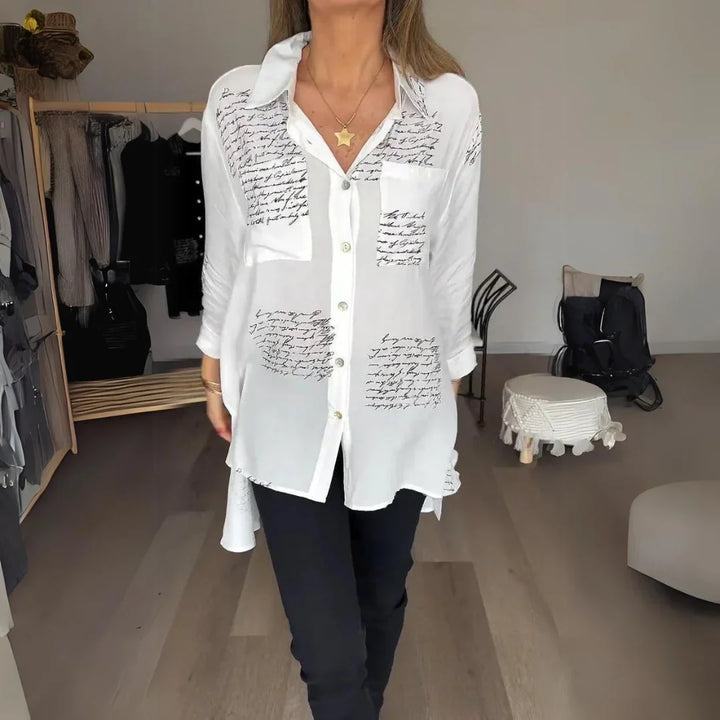 Women's black handwritten script print oversized shirt with button-up long sleeve