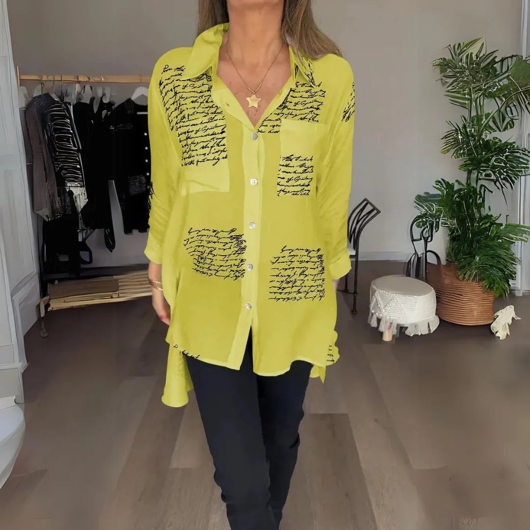 Women's black handwritten script print oversized shirt with button-up long sleeve