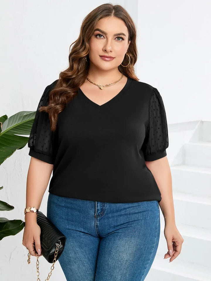 Women's black knit dotted puff-sleeve blouse with V-neck