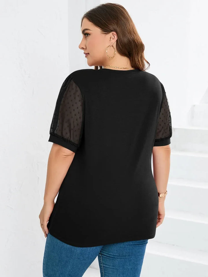 Women's black knit dotted puff-sleeve blouse with V-neck