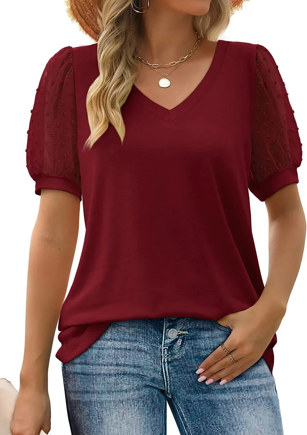 Women's black knit dotted puff-sleeve blouse with V-neck