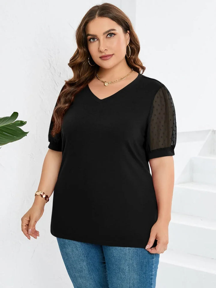 Women's black knit dotted puff-sleeve blouse with V-neck