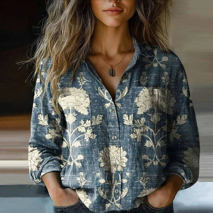 Women's bohemian patterned relaxed-fit blouse with button-front long sleeves