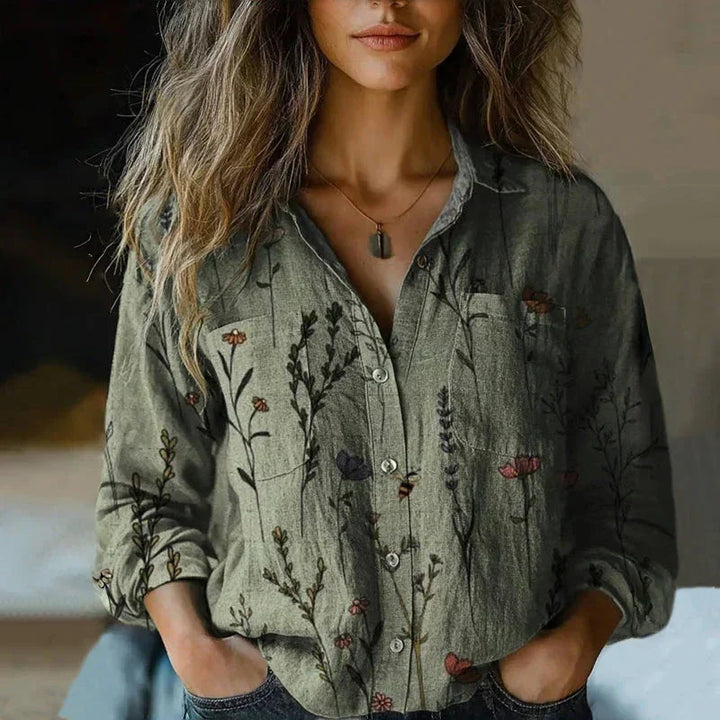 Women's bohemian patterned relaxed-fit blouse with button-front long sleeves
