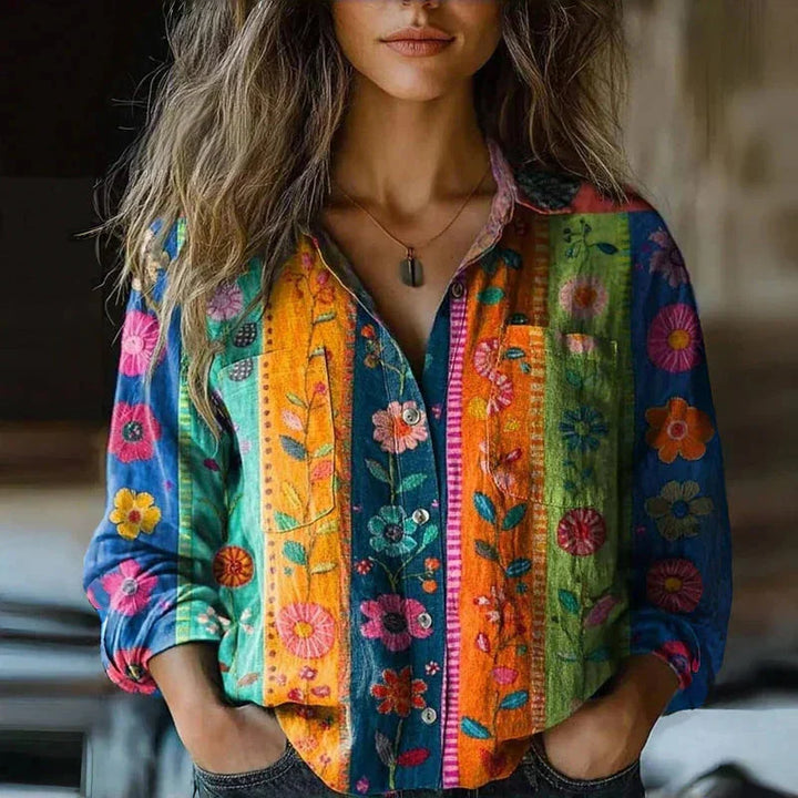 Women's bohemian patterned relaxed-fit blouse with button-front long sleeves