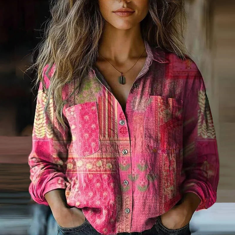 Women's bohemian patterned relaxed-fit blouse with button-front long sleeves