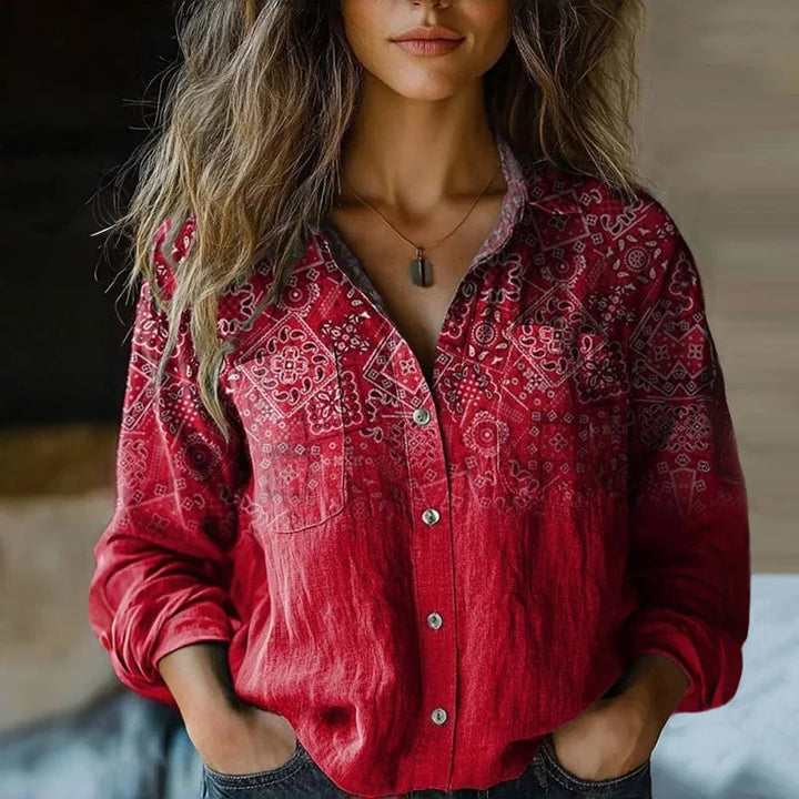 Women's bohemian patterned relaxed-fit blouse with button-front long sleeves