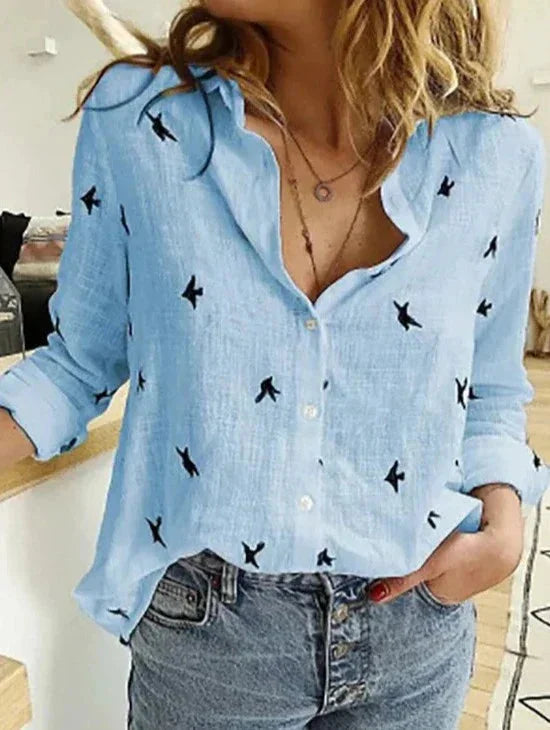 Women's button-down long-sleeve blouse with textured fabric