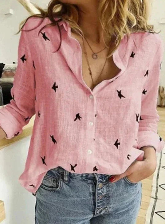 Women's button-down long-sleeve blouse with textured fabric
