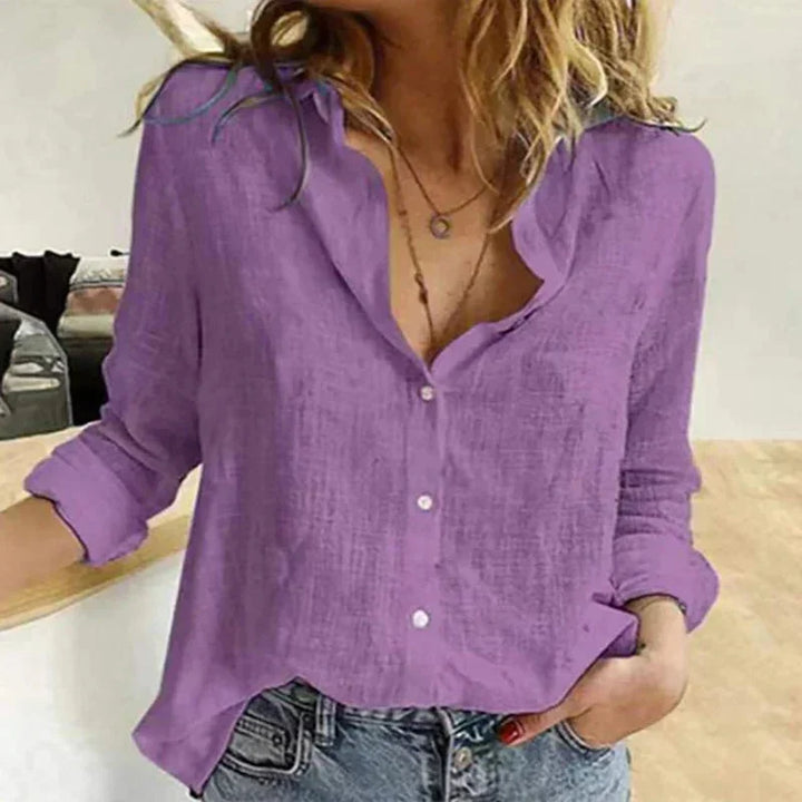 Women's button-down long-sleeve blouse with textured fabric