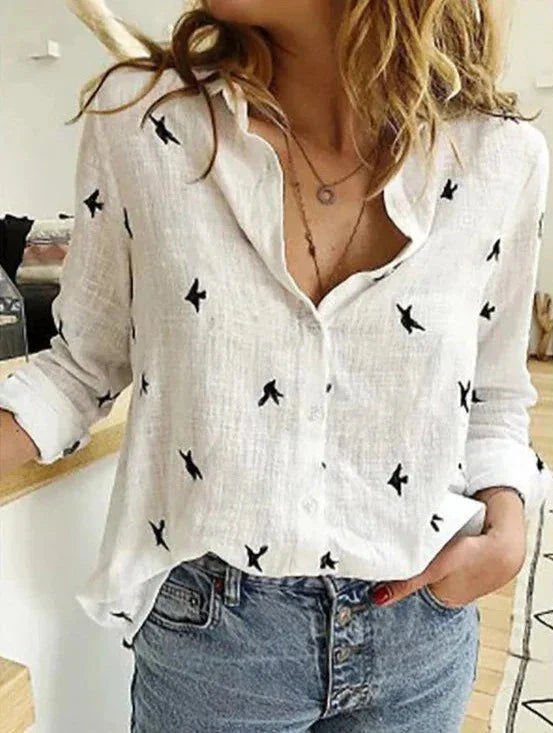 Women's button-down long-sleeve blouse with textured fabric