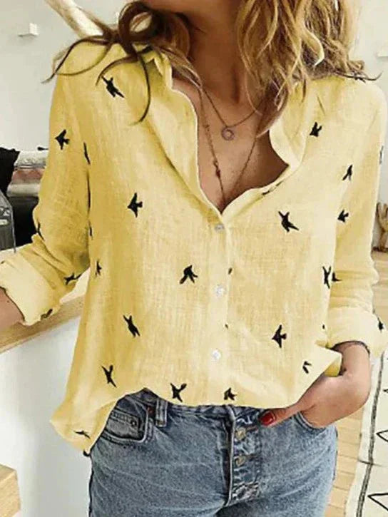 Women's button-down long-sleeve blouse with textured fabric