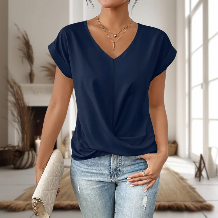 Women's casual knit short-sleeve V-neck tee shirt with twist-front hem