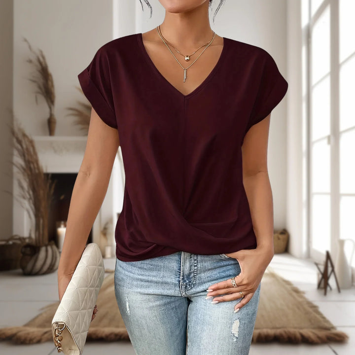 Women's casual knit short-sleeve V-neck tee shirt with twist-front hem