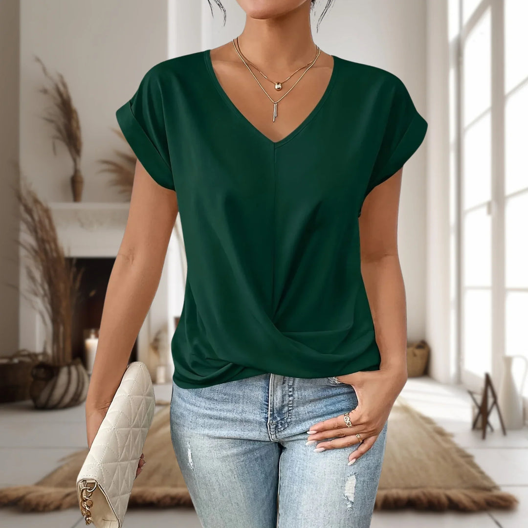 Women's casual knit short-sleeve V-neck tee shirt with twist-front hem
