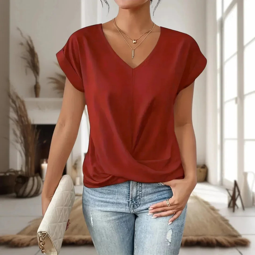 Women's casual knit short-sleeve V-neck tee shirt with twist-front hem