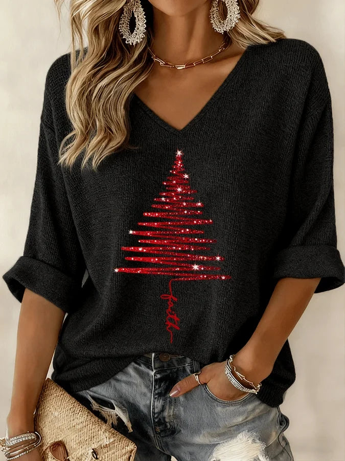 Women's Christmas knit graphic blouse with V-neck and 3/4 sleeve