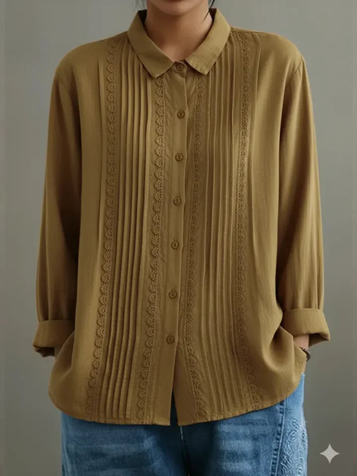 Women's collared long-sleeve blouse with button-up lace-trim pintuck front