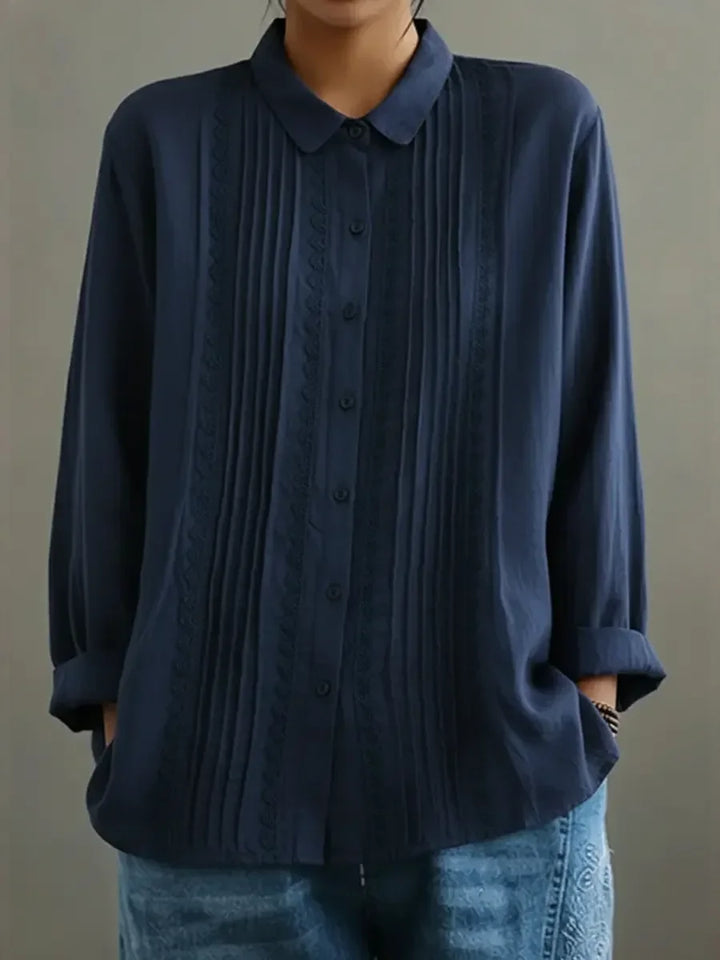 Women's collared long-sleeve blouse with button-up lace-trim pintuck front