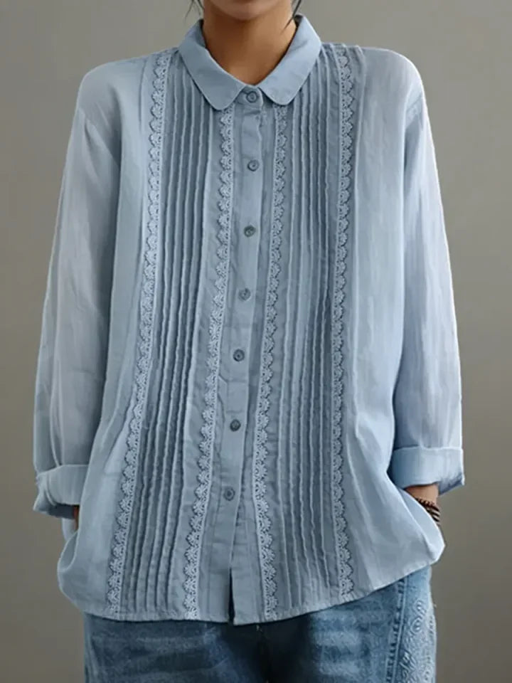 Women's collared long-sleeve blouse with button-up lace-trim pintuck front
