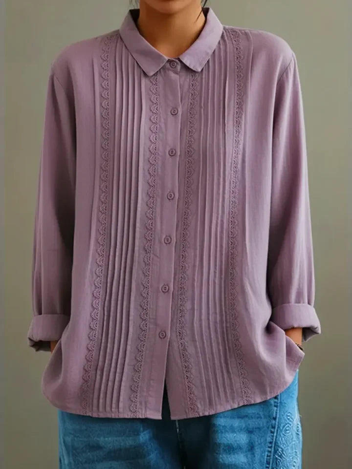 Women's collared long-sleeve blouse with button-up lace-trim pintuck front