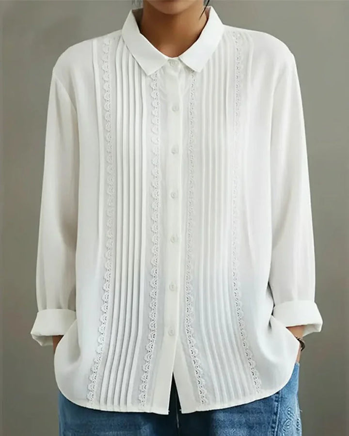 Women's collared long-sleeve blouse with button-up lace-trim pintuck front