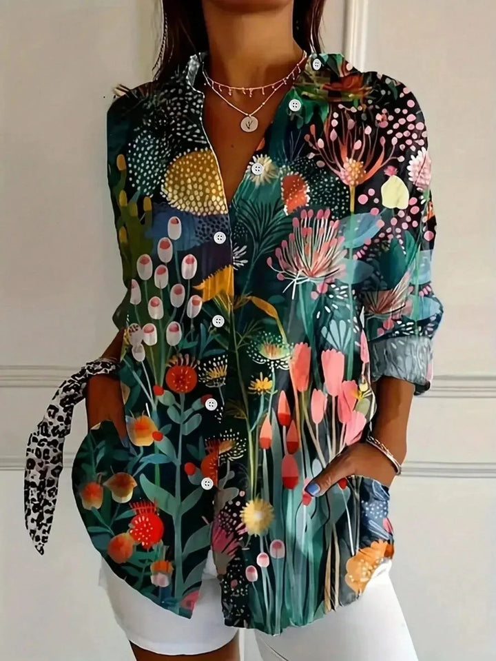 Women's colorful artistic floral long sleeve loose fit blouse with button-front