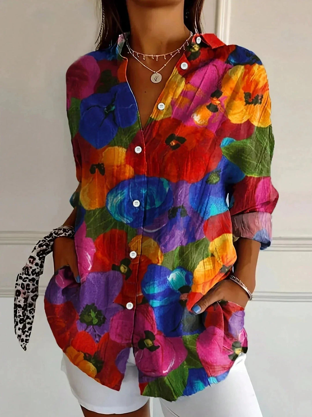 Women's colorful artistic floral long sleeve loose fit blouse with button-front
