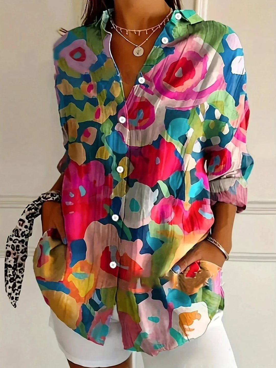 Women's colorful artistic floral long sleeve loose fit blouse with button-front