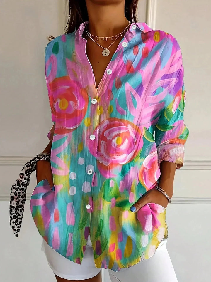 Women's colorful artistic floral long sleeve loose fit blouse with button-front