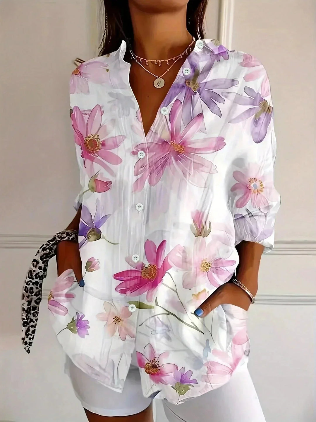 Women's colorful artistic floral long sleeve loose fit blouse with button-front