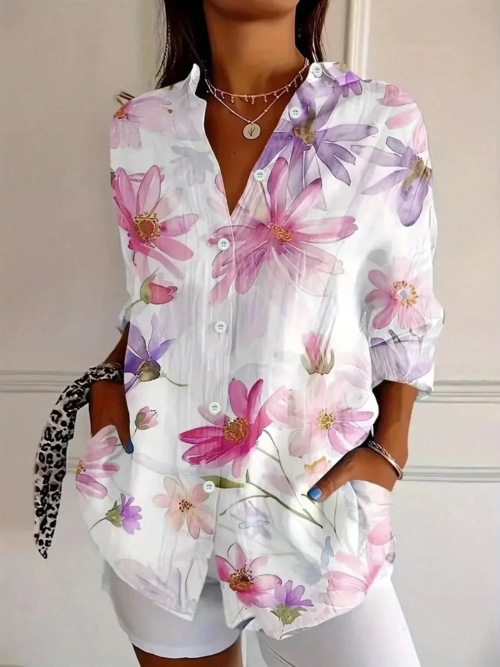 Women's colorful artistic floral long sleeve loose fit blouse with button-front