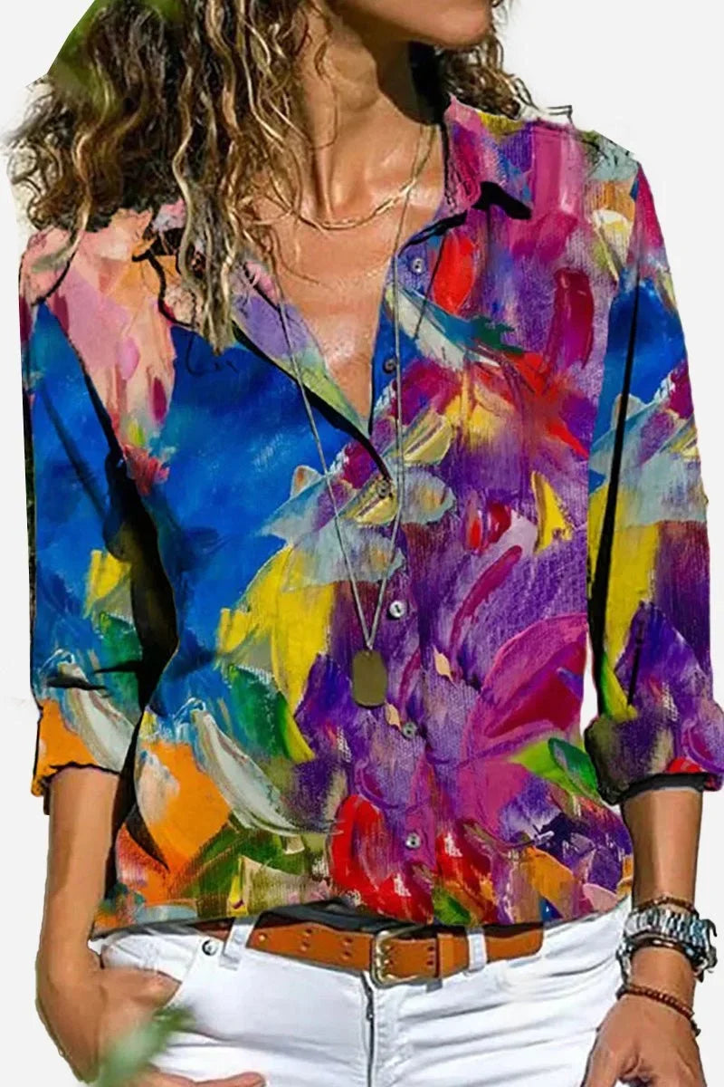 Women's colorful striped long-sleeve button-down shirt with chest pockets