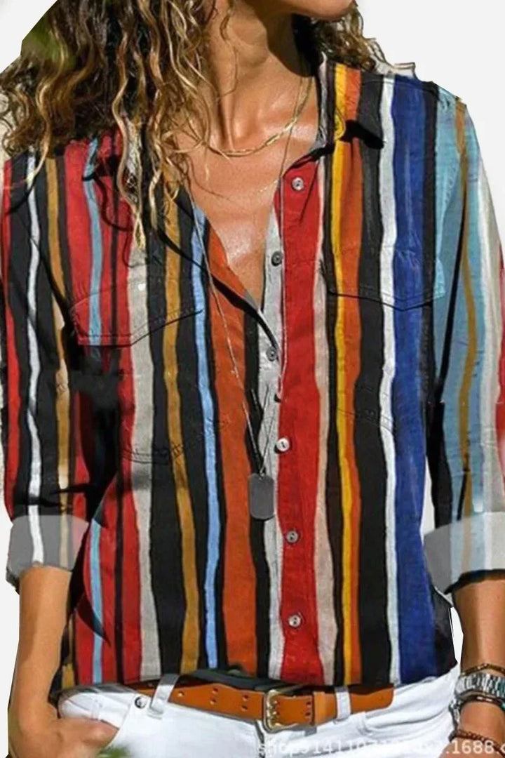 Women's colorful striped long-sleeve button-down shirt with chest pockets