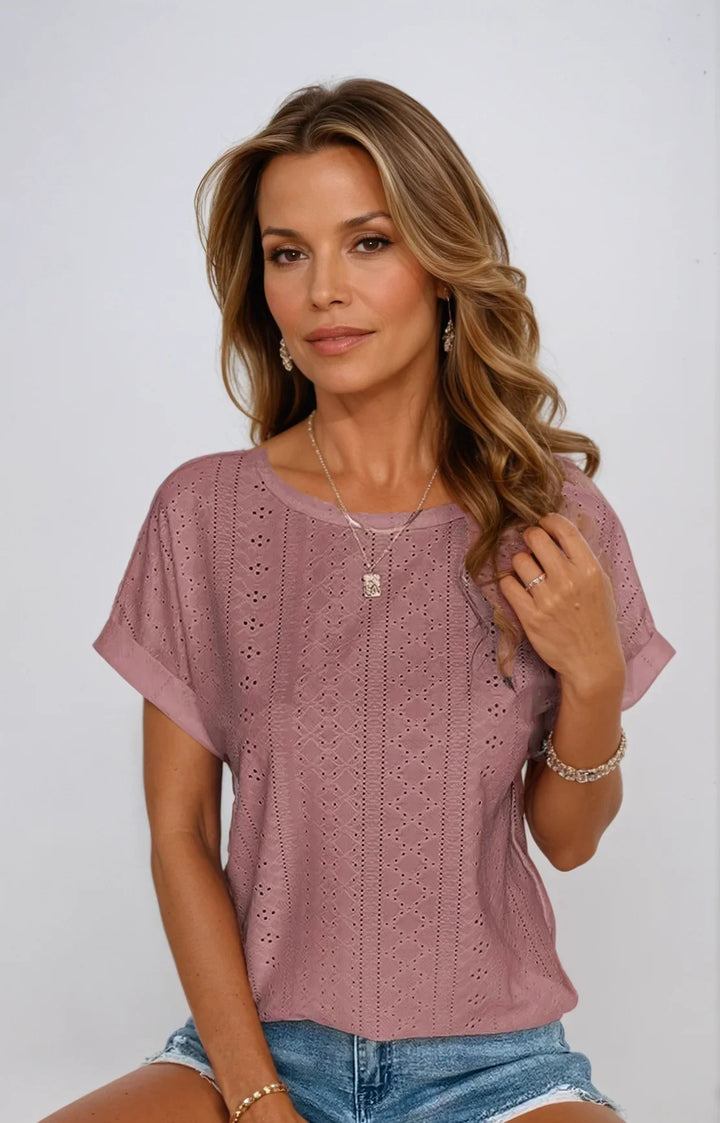 Women's eyelet short-sleeve top with crew-neck and cuffed sleeves