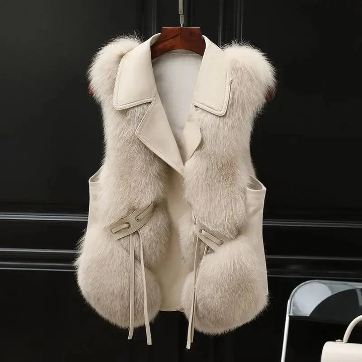 Women's faux fur and leather vest with lapel collar and button front